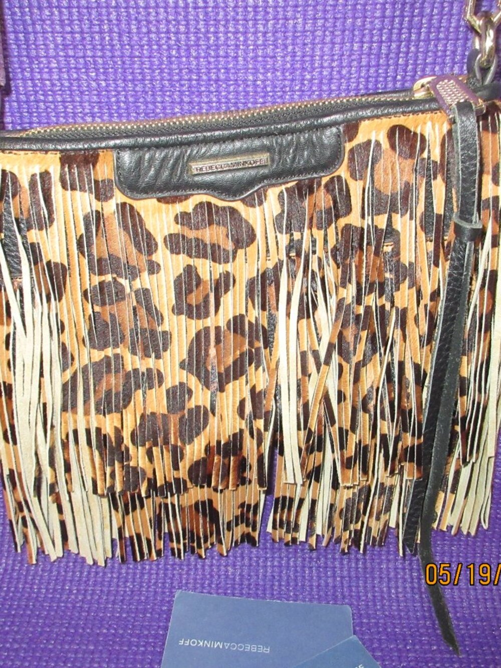 REBECCA MINKOFF~"FINN" LEOPARD PRINTED FRINGE OVER BLACK LEATHER CROSSBODY BAG - Picture 2 of 10
